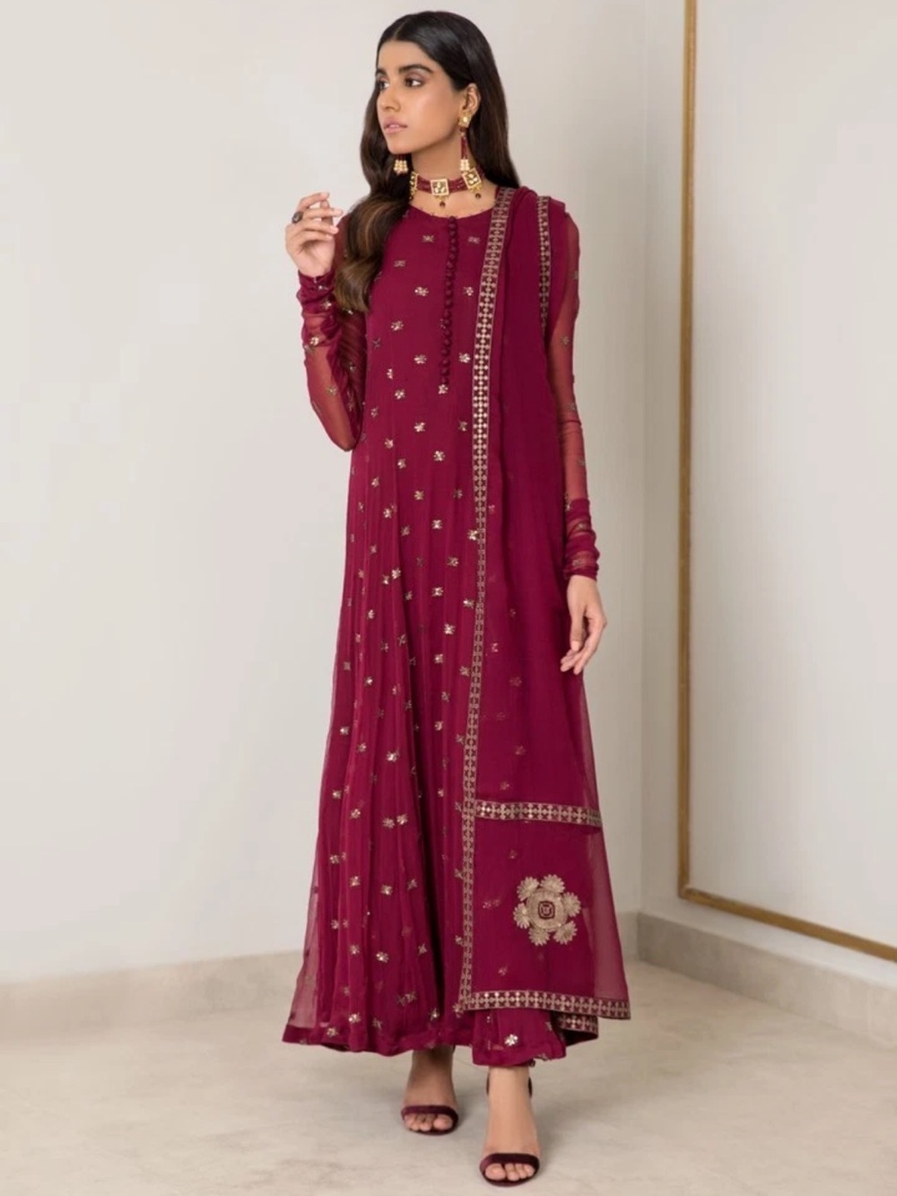 Elegant Burgundy Embroidered Women’s Anarkali Dress
